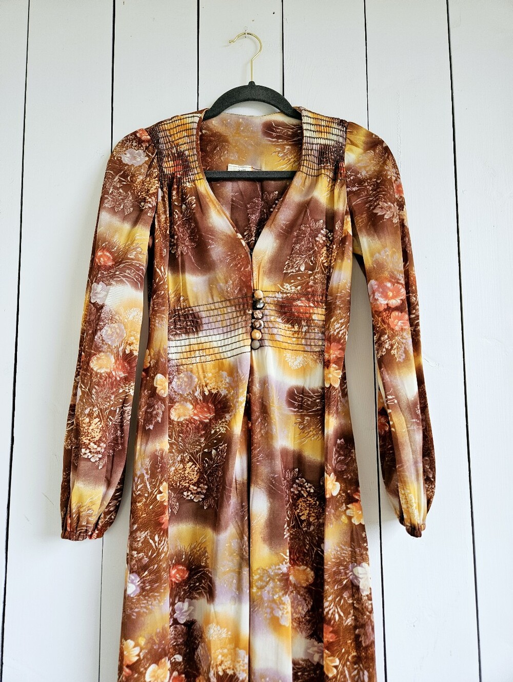 True Vintage 70's Floral Maxi Dress Size XS/S Long Sleeve V Neck - Picture 4 of 6